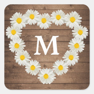 Mooie Madeliefjes Monogram Trouw Rustieke Houten Vierkante Sticker