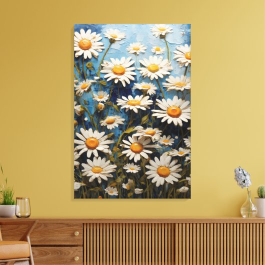 Mooie madeliefjes op blauwe achtergrond canvas afdruk (Insitu (Woonkamer))