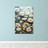Mooie madeliefjes op blauwe achtergrond canvas afdruk (Insitu (Houten vloer))