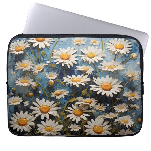 Mooie madeliefjes op blauwe achtergrond laptop sleeve (Voorkant)