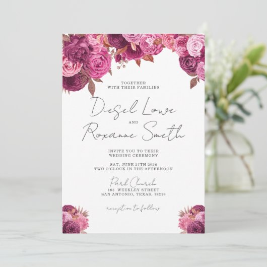 Mooie magenta roze uitnodiging tot huwelijk (Staand voorkant)