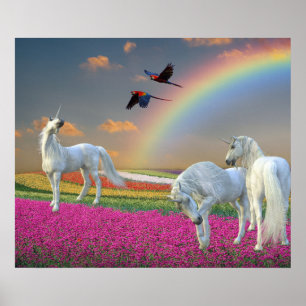 Mooie Magische Eenhoorn Regenboog Bloem Landschap Poster