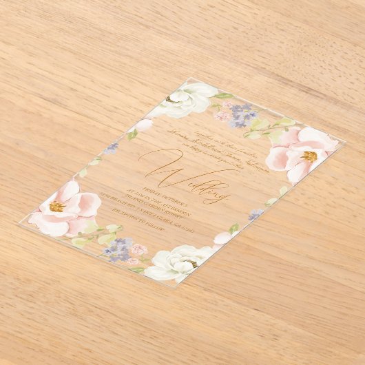 Mooie Magnolia Bloem Lente Monogram Huwelijk Acryl Uitnodigingen (Laagn)