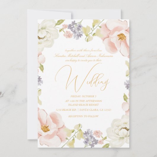 Mooie Magnolia Bloem Lente Monogram Huwelijk Kaart (Voorkant)