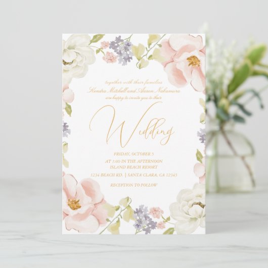 Mooie Magnolia Bloem Lente Monogram Huwelijk Kaart (Staand voorkant)