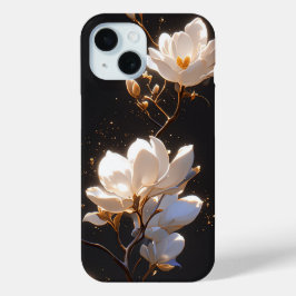 Mooie Magnolia bloemen op zwarte achtergrond iPhone 15 Case