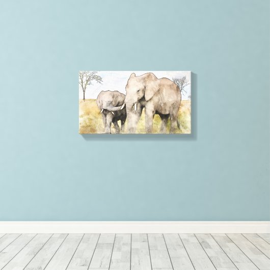 Mooie mama en Baby olifant Canvas Afdruk (Insitu (Houten vloer))