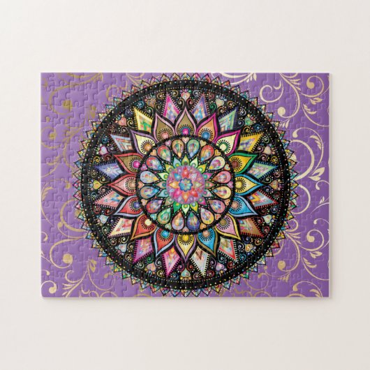 Mooie mandala op paarse en goudachtergrond legpuzzel (Horizontaal)