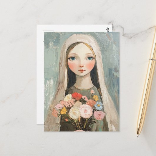 Mooie Maria Met Bloemen Briefkaart (Voorkant / Achterkant in situ)