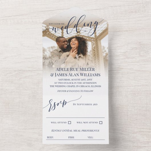 Mooie marine blauw script foto bruiloft all in one uitnodiging (Binnen)