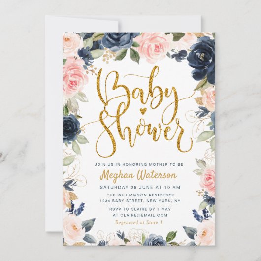 Mooie marine en blos bloemenbaby shower kaart (Voorkant)