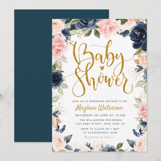 Mooie marine en blos bloemenbaby shower kaart (Voorkant / Achterkant)