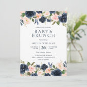 Mooie marine en blush Floral Baby shower Brunch Kaart (Staand voorkant)