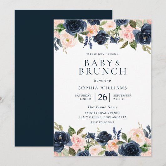 Mooie marine en blush Floral Baby shower Brunch Kaart (Voorkant / Achterkant)