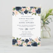 Mooie marine en blush Floral Wedding Kaart (Staand voorkant)