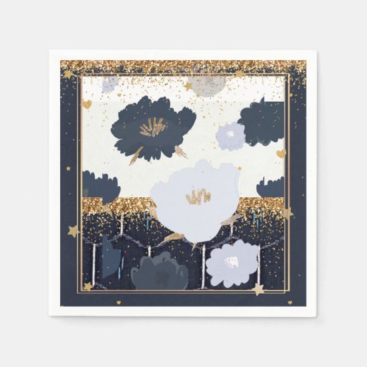 Mooie marineblauwe en gouden bloemendesign servet (Voorkant)