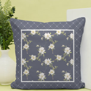 Mooie marineblauwe en witte bloemenpaneel kussen
