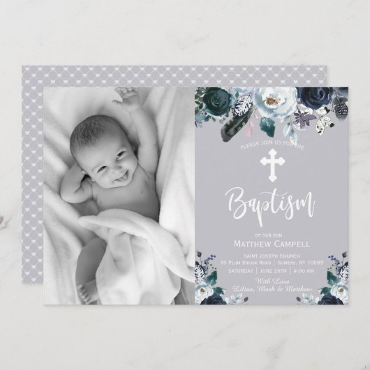 Mooie marineblauwe rozen bloemige doop uitnodiging (Voorkant / Achterkant)