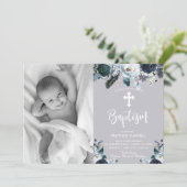 Mooie marineblauwe rozen bloemige doop uitnodiging (Staand voorkant)