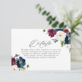 Mooie marinemacht Burgundy Red Blush Floral Weddin Informatiekaartje (Staand voorkant)