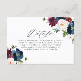 Mooie marinemacht Burgundy Red Blush Floral Weddin Informatiekaartje