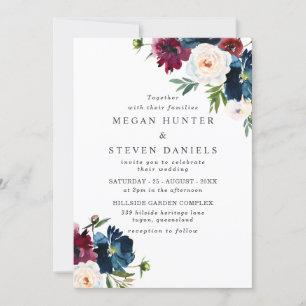 Mooie marinemacht Burgundy Red Blush Floral Weddin Kaart