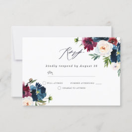 Mooie marinemacht Burgundy Red Blush Floral Weddin RSVP Kaartje