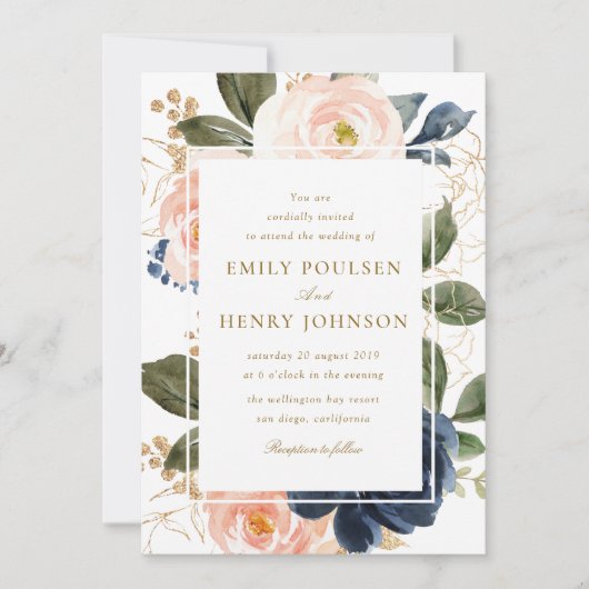 mooie marinesust en roze blozige bruiloft kaart (Voorkant)