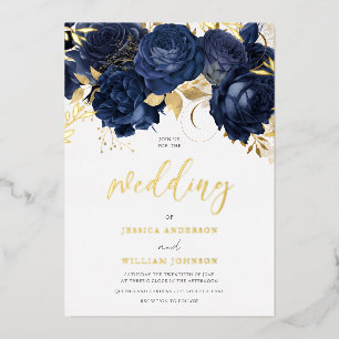 Mooie marineverbinding: Floral & Gold Folie Uitnodiging