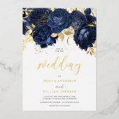 Mooie marineverbinding: Floral & Gold Folie Uitnodiging (Voorkant)