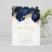 Mooie marineverbinding: Floral & Gold Folie Uitnodiging (Staand Voorkant)