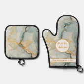 Mooie marmeren blauw en goud moderne koppels ovenwant & pannenlap set (Voorkant)