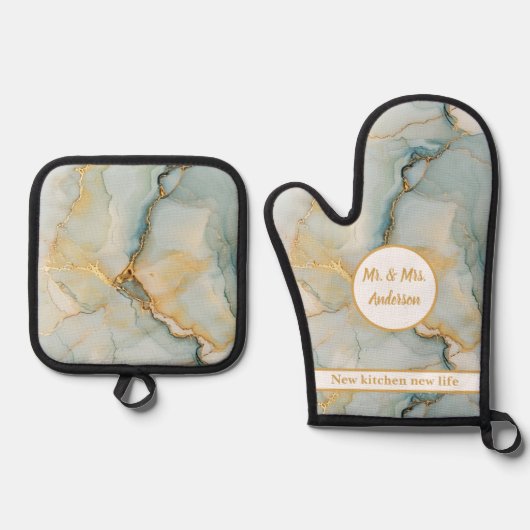 Mooie marmeren blauw en goud moderne koppels ovenwant & pannenlap set (Voorkant)