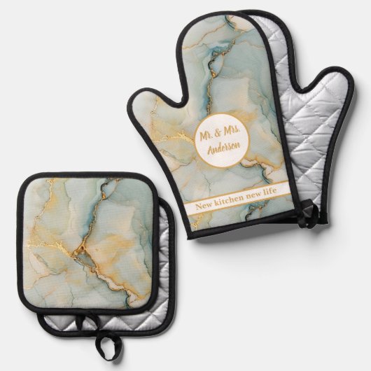 Mooie marmeren blauw en goud moderne koppels ovenwant & pannenlap set (Voorkant / Achterkant)