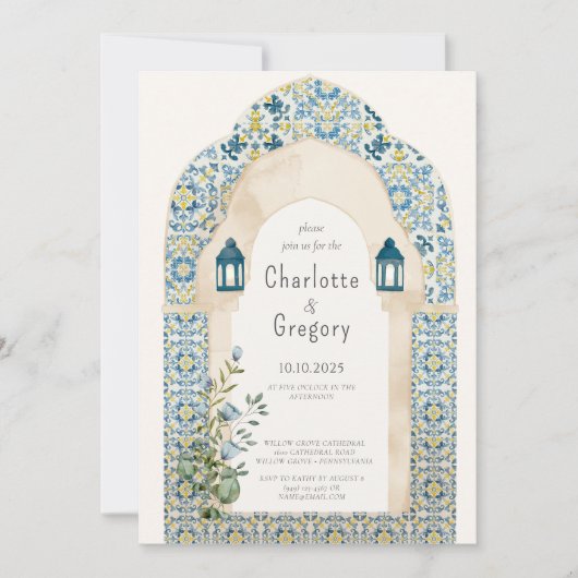 Mooie Marokkaanse Blauwe en Gele Tegel bruiloft Kaart (Voorkant)