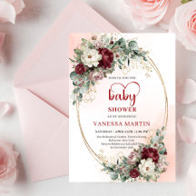 Mooie Maroon Bloemige Gouden Baby Shower Uitnodigi