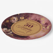 Mooie Maroon Blush Gouden Bloem 50ste Verjaardag Papieren Bordje (Gekanteld)