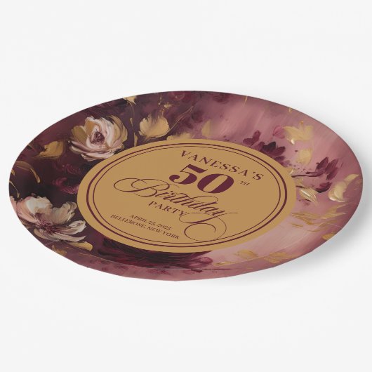 Mooie Maroon Blush Gouden Bloem 50ste Verjaardag Papieren Bordje (Gekanteld)