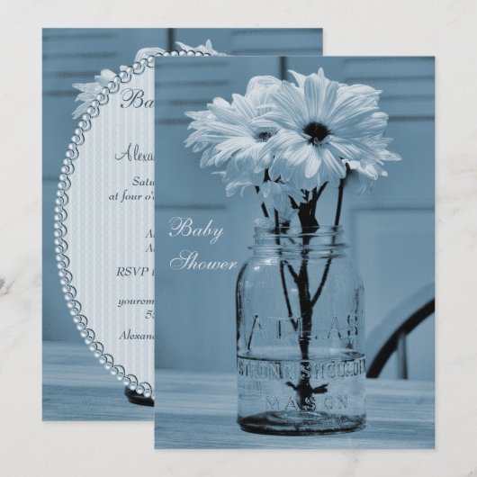 Mooie Mason Jar en Daisies Blue Baby shower Kaart (Voorkant / Achterkant)