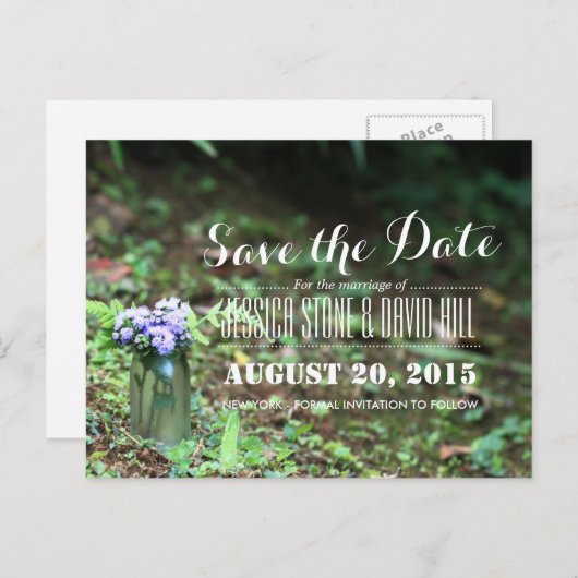 Mooie Mason Jar Purple Flowers bespaart de datum Aankondigingskaart (Voorkant / Achterkant)