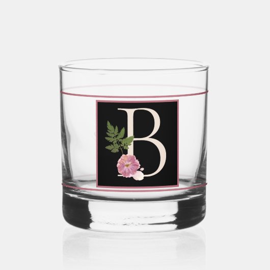 Mooie Mauve Floral Versierd Zwart Monogram B Whisky Glas (Voorkant)