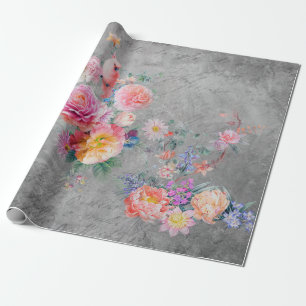 Mooie meer-kleurige bloemen en vogels op beton cadeaupapier