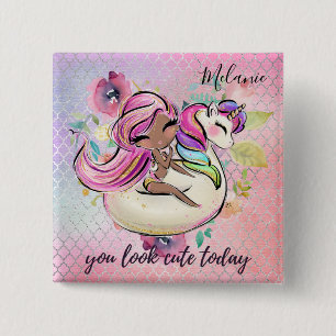 Mooie meid JE LIJKT ERG LEUK vandaag Eenhoorn Roze Vierkante Button 5,1 Cm