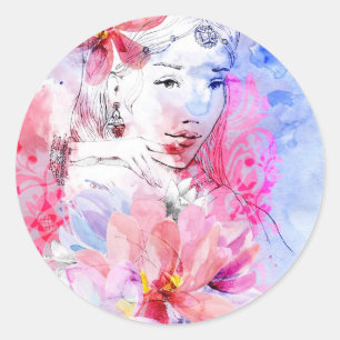 Mooie meid met bloemen. ronde sticker
