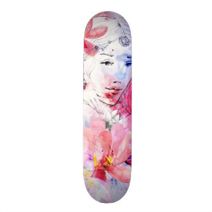 Mooie meid met bloemen. skateboard