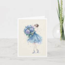 Mooie meid met een grote bos bloemen kaart