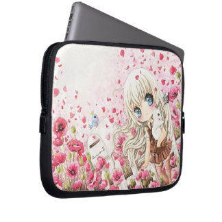 Mooie meid op het veld Roze bloemen Laptop Sleeve