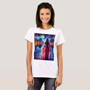 Mooie meisje dat gloeiend nachtelijk water bekijkt t-shirt