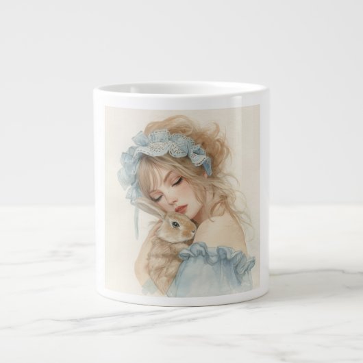 Mooie meisje dat knuffelt met konijn mok (Voorkant)