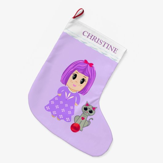 Mooie meisje en kat grote kerstsok (Voorkant (Hangend))